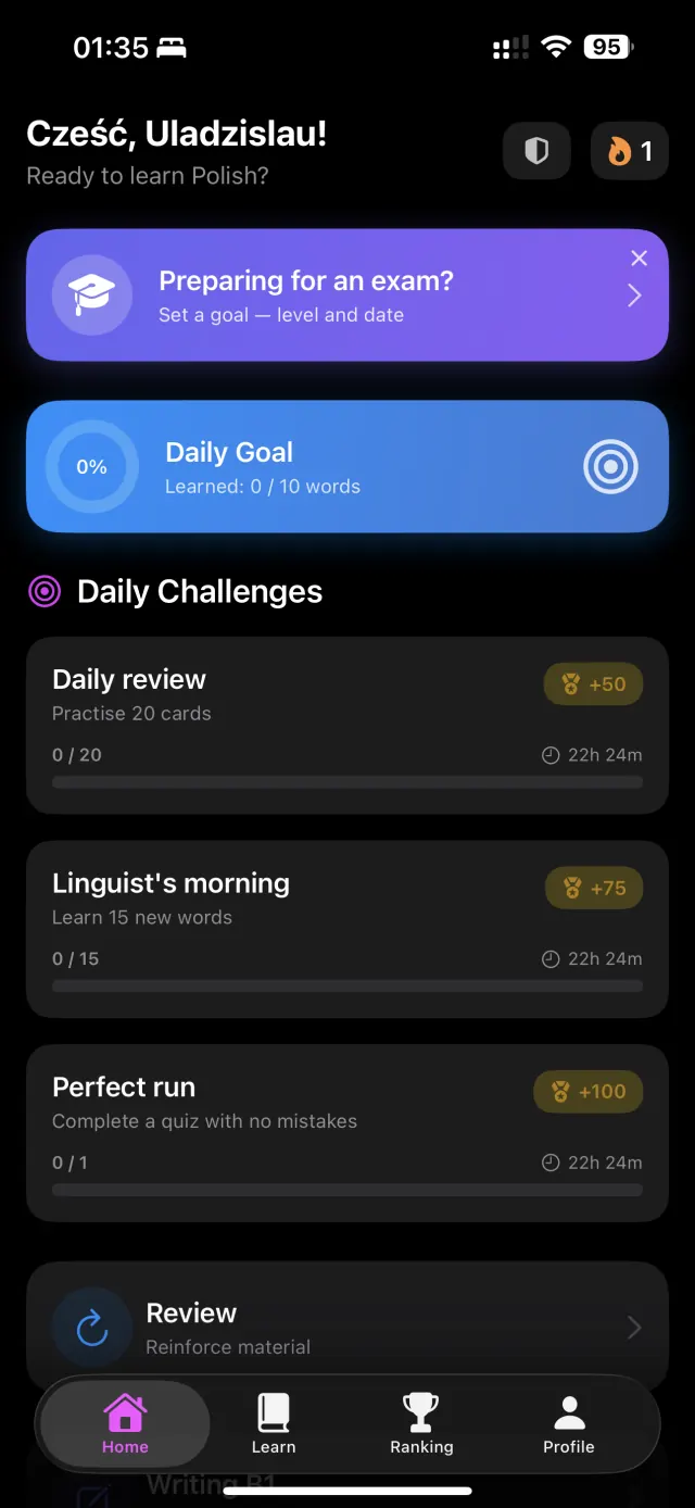 Husa home screen: the daily goal and the daily challenges