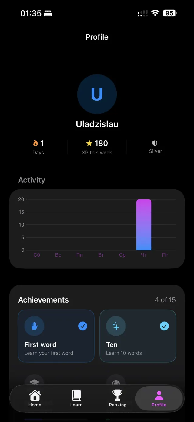 Profile: day streak, weekly XP, activity and achievements