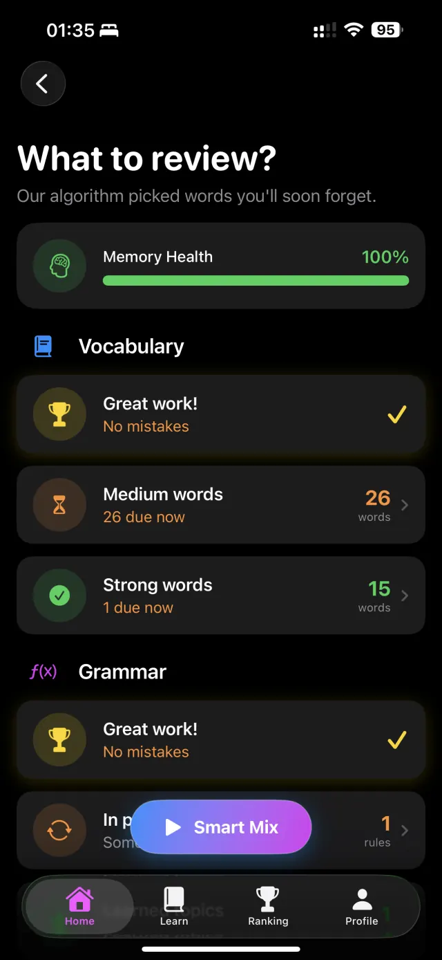 The review screen: memory health at 100%, words sorted by how well they are held