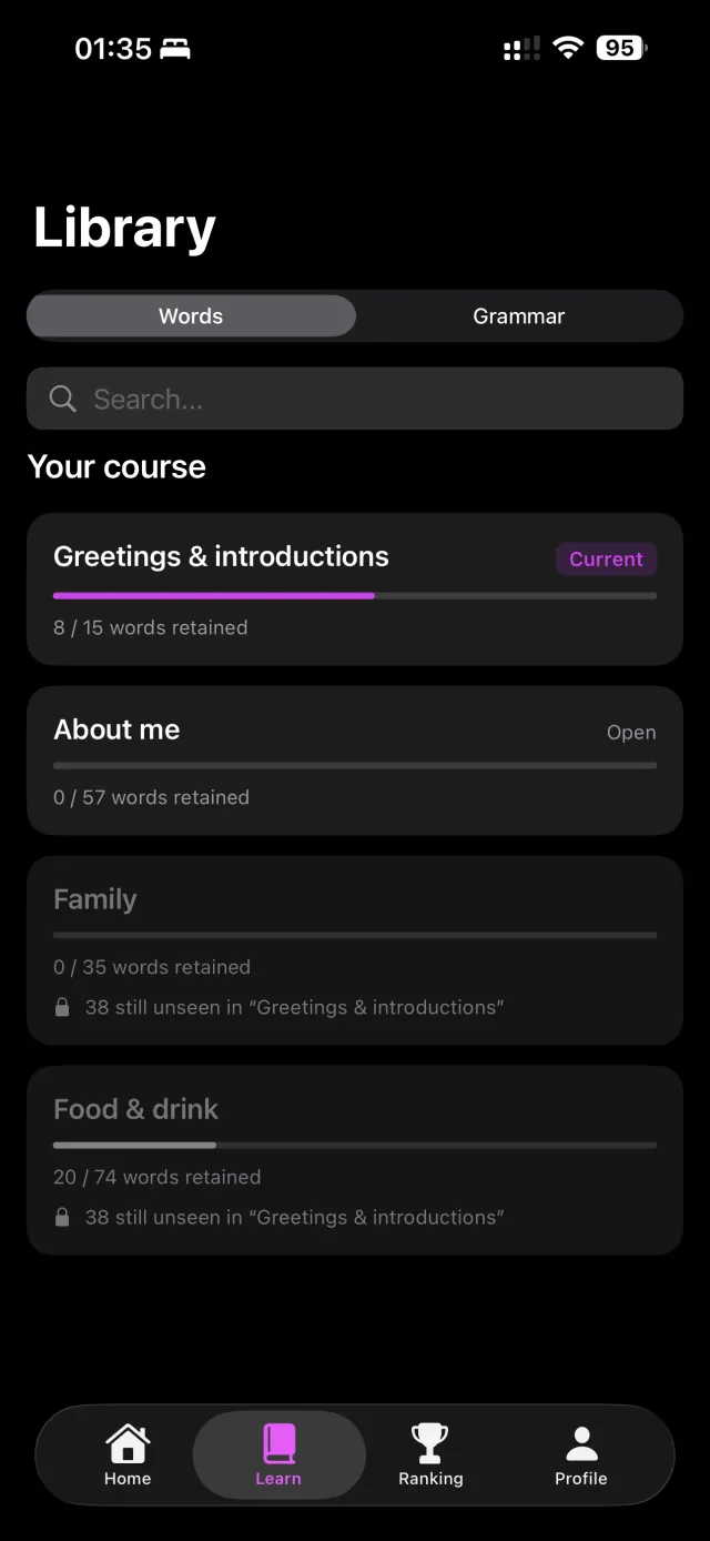 The word library: course topics with the number of words retained