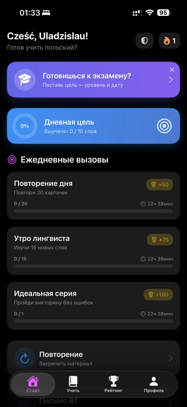 Главный экран Husa: дневная цель и ежедневные вызовы