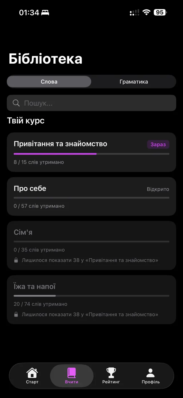 Бібліотека слів: теми курсу з кількістю утриманих слів
